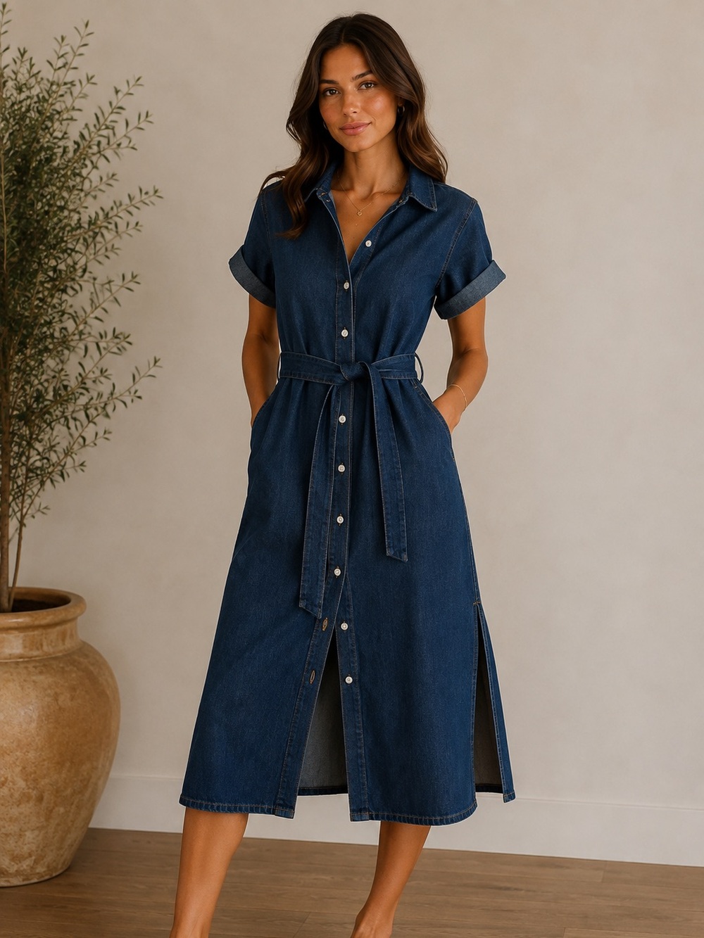 Frame Denim Dark Blue Button-Front Midi Shirt Dress with Tie Waist